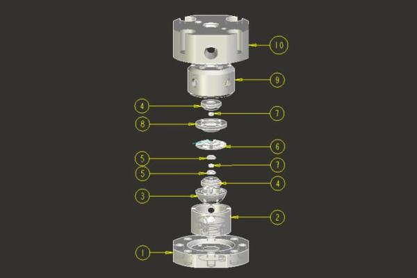 Exploded assembly CAD 3D model — 10-component mechanical assembly modeled from engineering drawings