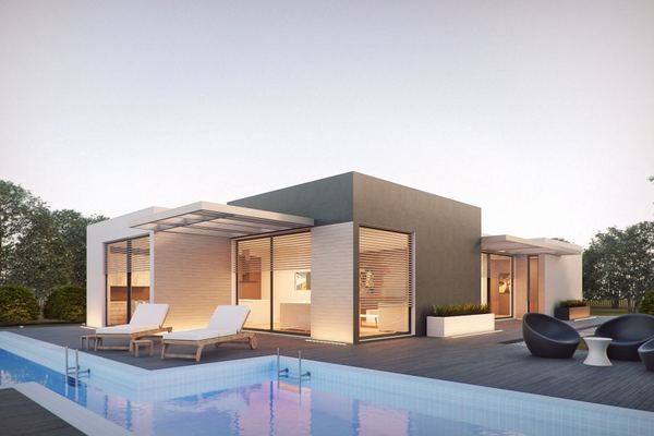 Contemporary villa exterior architectural render — evening scene with pool and deck