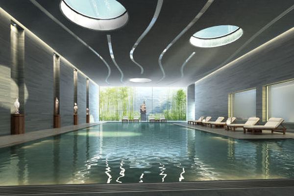 Indoor swimming pool interior render — luxury spa with skylights and stone finishes