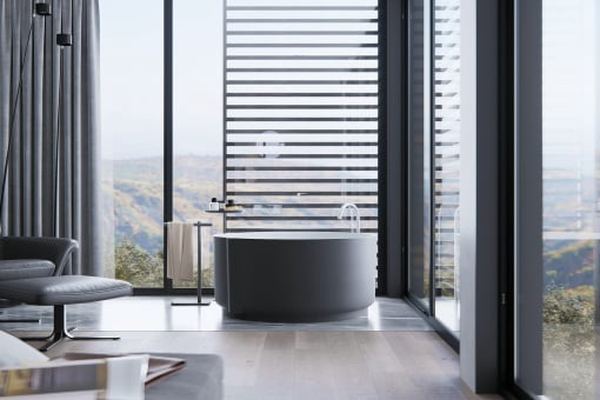 Bathroom interior render — freestanding bath with floor-to-ceiling glazing and landscape view